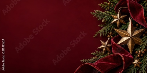 Decorations With Stars and Ribbon on a Dark Red Background for the Holiday Se...