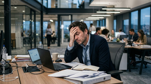 Stressed Businessman Overworked at Desk in Busy Modern Office