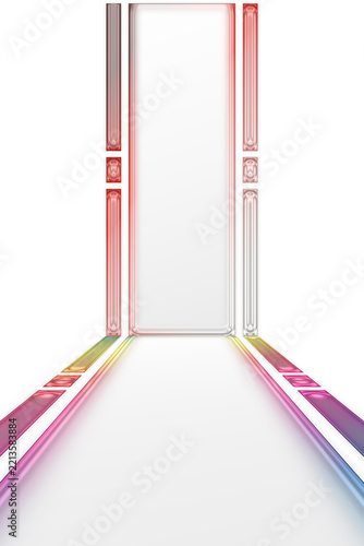 Abstract futuristic corridor formed on neon transparent glass frames and soft neon gradient lines, creating a clean architectural background. Copy space.