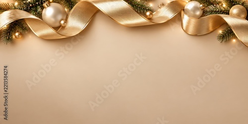 Decorative Gold Ribbon and Ornaments on a Light Background for Holiday Celebr...