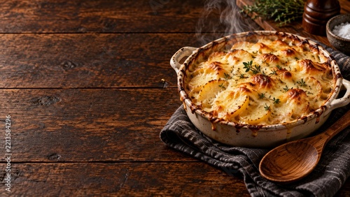 Golden potato gratin with thyme in a rustic ceramic baking dish