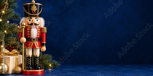 Nutcracker Stands Beside a Christmas Tree and Presents During Holiday Season
