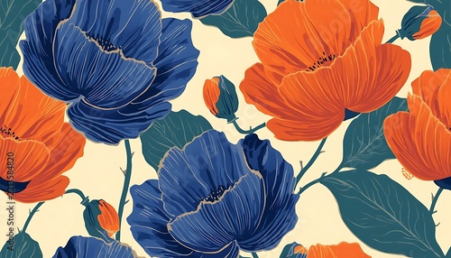 Bold seamless pattern featuring blue and orange poppies with dark foliage poppy flowers floral print botanical design contrast colors repeating pattern flower texture nature illustration