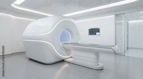 Modern mri scanner machine inside bright white hospital examination room