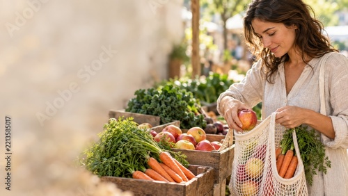 Woman Placing a Red Apple in a Mesh Shopping Bag at a Sunlit Produce Market