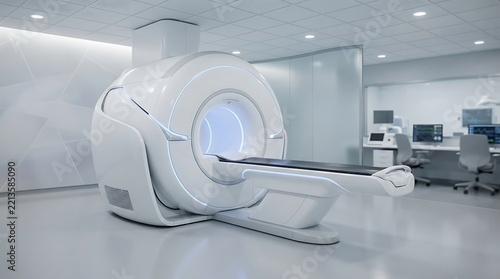 Modern white mri scanner machine inside bright hospital diagnostic room