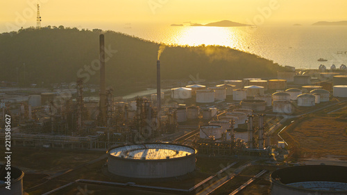 Aerial View of Large Oil Refinery Complex at Dusk