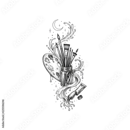 Detailed Artistic Paintbrushes and Palette Illustration with Decorative Elements
