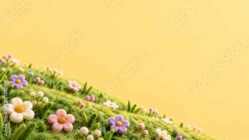Felt Flower Meadow with Colorful Wool Blossoms on a Yellow Background
