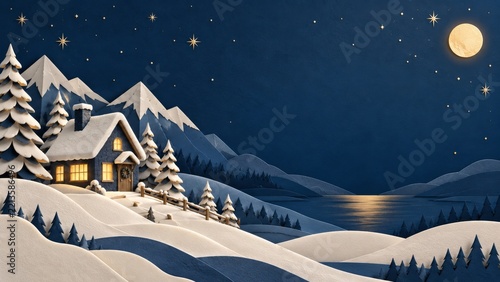 Layered paper winter mountains with a glowing cabin beneath a golden moon