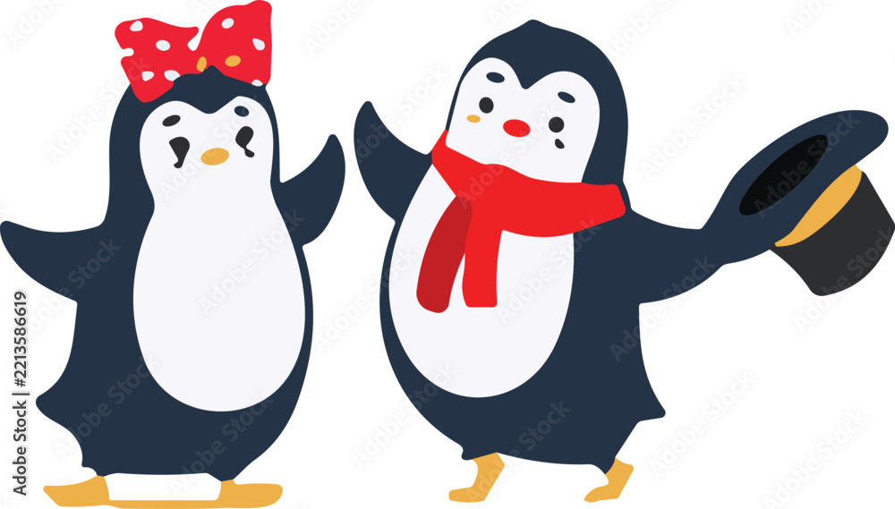 Fototapeta premium Cute Penguin Couple Vector Illustration Featuring a Charming Character Wearing a Red Scarf and Hat Next to a Partner with a Polka Dot Bow