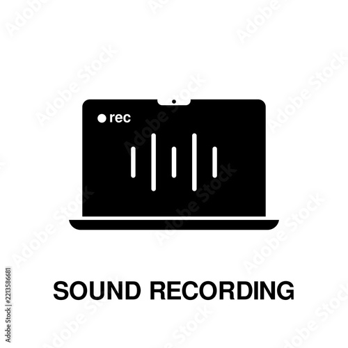 Podcast Sound Recording Line Icon with Microphone and Laptop, icon solid style
