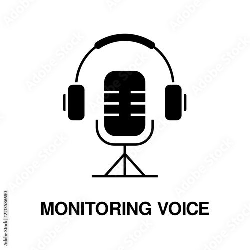 Voice Monitoring Podcast Icon with Microphone and Headphones, icon solid style