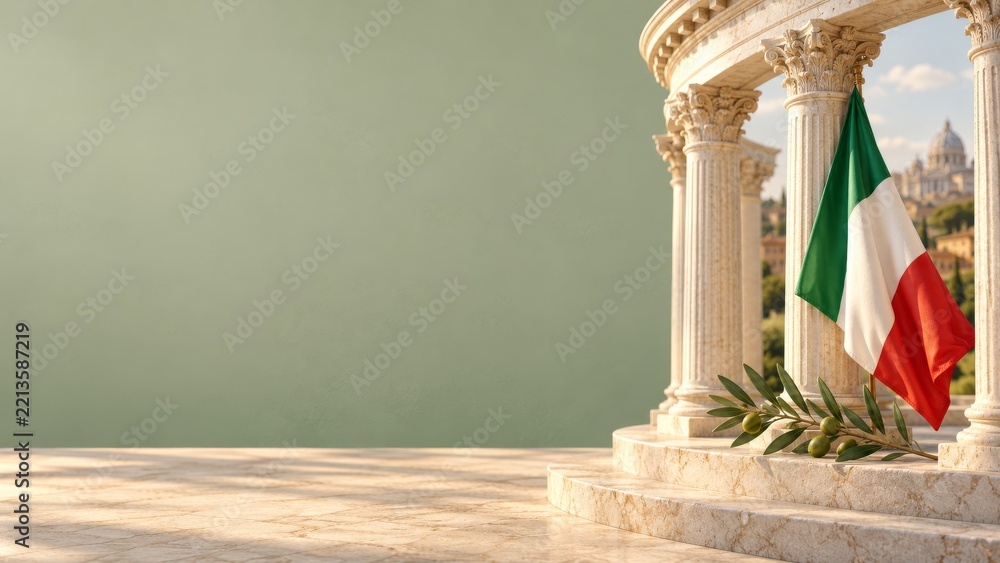 Fototapeta premium Ivory Classical Colonnade with an Italian Flag and Olive Branches