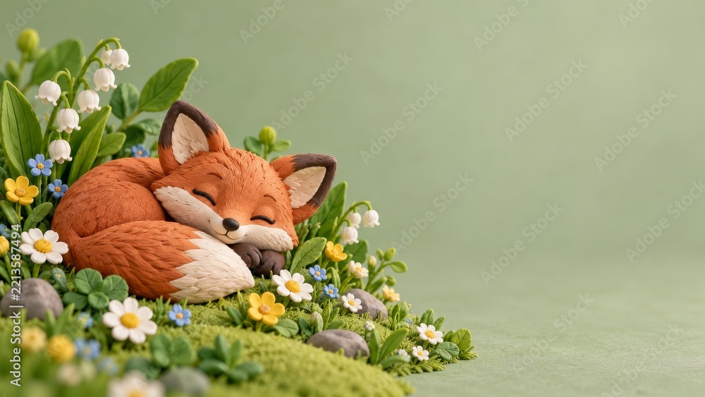 Fototapeta premium Sleeping Orange Clay Fox Curled Among Flowers on a Sage Green Backdrop