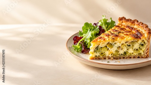 Leek and Cheese Quiche Slice with Fresh Greens on a Cream Surface
