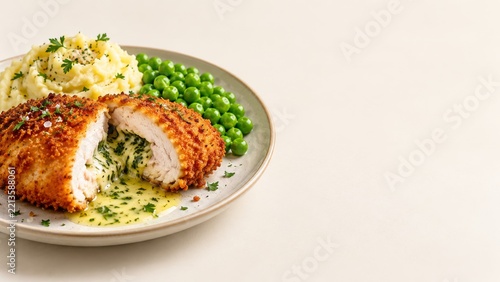 Crispy Chicken Kyiv with Herb Butter Mashed Potatoes and Green Peas