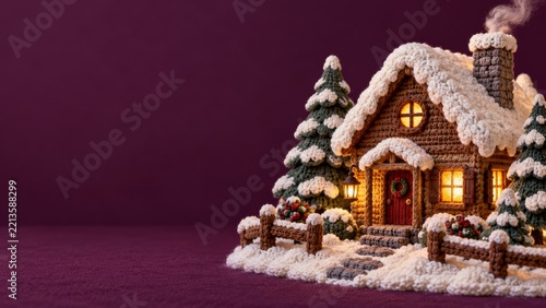 Knitted snowy cottage with golden windows and a red wreath covered door