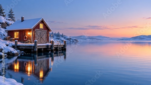 Snowy wooden boathouse reflected in a calm lake at a pale winter sunset