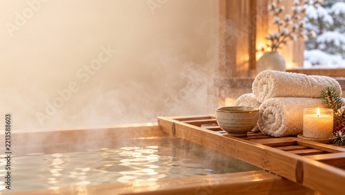 Steaming wooden bathtub with towels and candlelight beside a snowy window