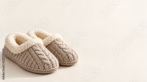 Soft knitted slippers with fleece lining on a spacious cream background
