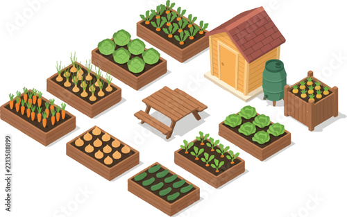 Isometric garden scene with wooden shed and various raised beds containing different vegetables and crops.