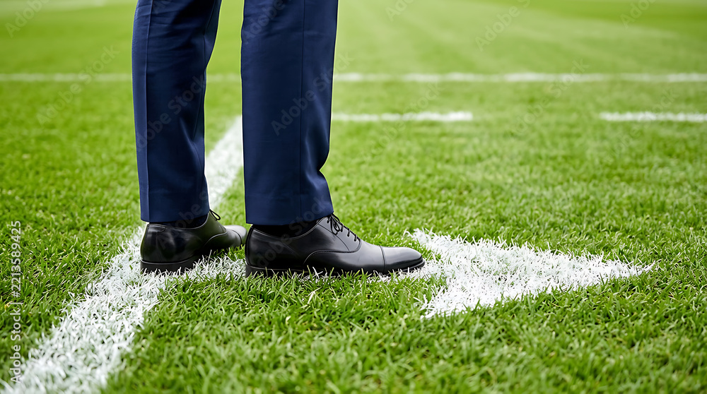 Obraz premium Manager in elegant blue business suit standing on corner line of professional football field