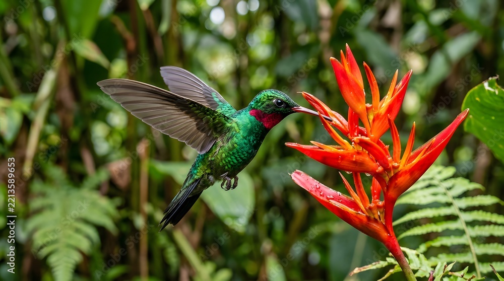 Fototapeta premium Vibrant green hummingbird hovering mid air while feeding on bright red heliconia flower petals in lush rainforest surroundings