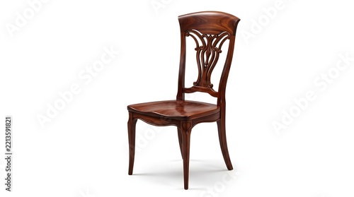 Polished dark wooden chair with ornate carved backrest on white