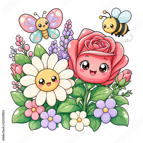 Kawaii Garden Friends: A whimsical scene featuring adorable cartoon-style flowers, a playful butterfly, and a cheerful bee, surrounded by lush greenery and vibrant blooms.
