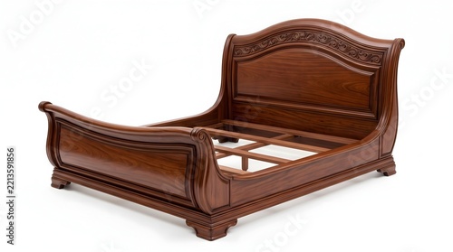 Wooden sleigh bed frame with carved headboard and slats