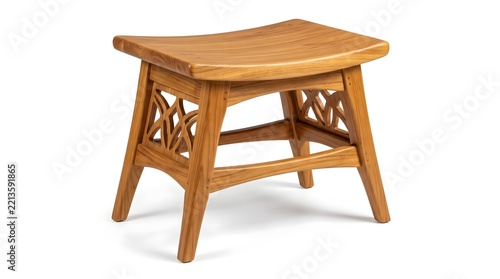 Wooden stool with curved seat and decorative cutout side panels