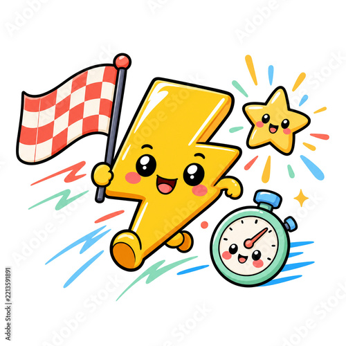 Lightning Bolt Race: A cheerful lightning bolt character with a checkered flag and stopwatch, accompanied by a happy star, embarks on an energetic race, symbolizing speed and competition.