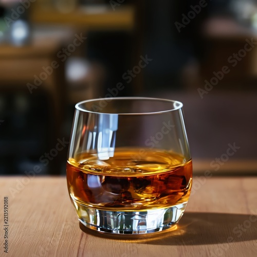 Whiskey in a Short Glass on a Wooden Table in a Bar Setting