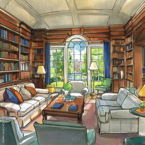Cozy Room With Bookshelves and Large Windows Showing Trees Outside