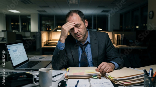 Stressed Businessman Working Late at Desk, Overwhelmed by Paperwork and Computer