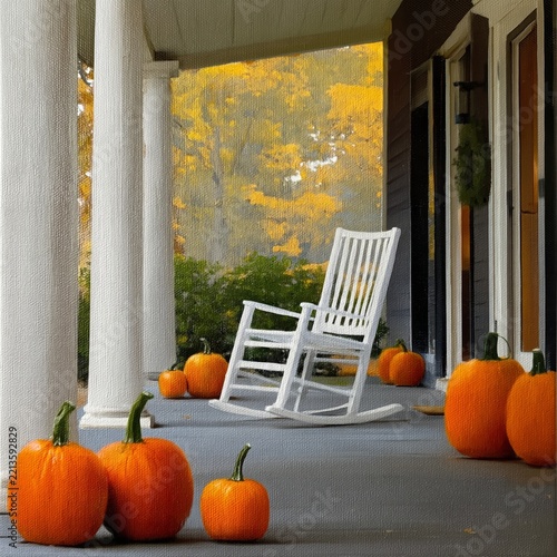 Fall Scene With Pumpkins and a Rocking Chair on a Porch