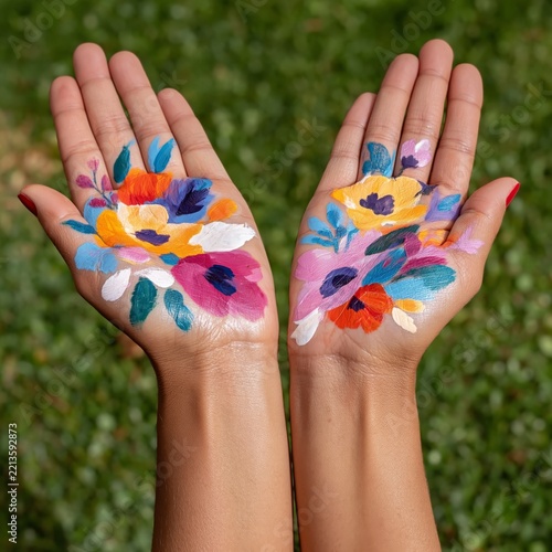 Hands Decorated With Colorful Floral Designs on a Sunny Day