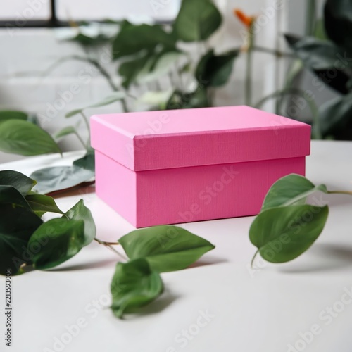 Bright Pink Box Among Green Plants on a Light Table in a Well-Lit Room
