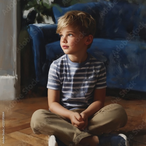 Child Sitting on the Floor Near a Blue Couch in a Room With Natural Light