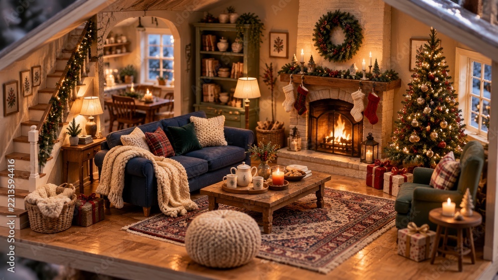 Fototapeta premium Cozy Home Interior With Christmas Decorations and a Fireplace Glowing at Night