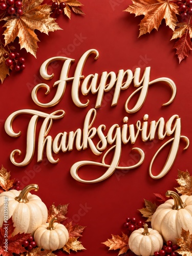 Happy Thanksgiving Decoration With Pumpkins and Autumn Leaves on a Red Backgr...