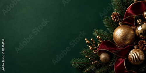 Christmas Decoration With Gold Ornaments and Green Branches on a Dark Background