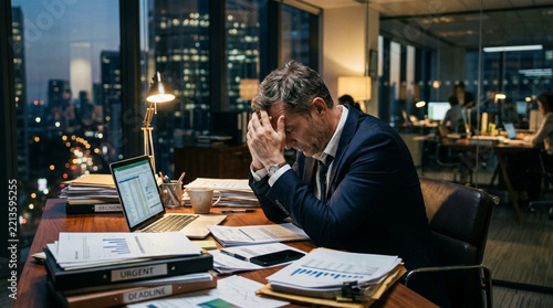 Stressed businessman working late in office with city view, holding head in hands