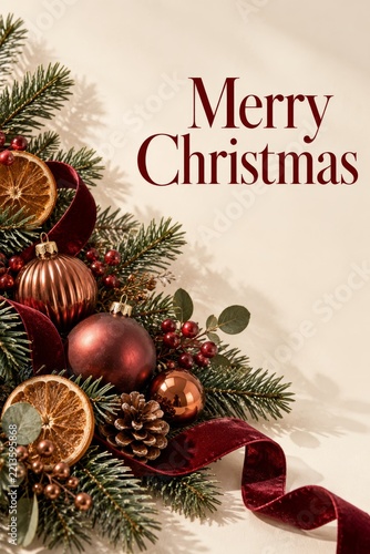 Merry Christmas Decoration With Ornaments and Greenery in Soft Colors