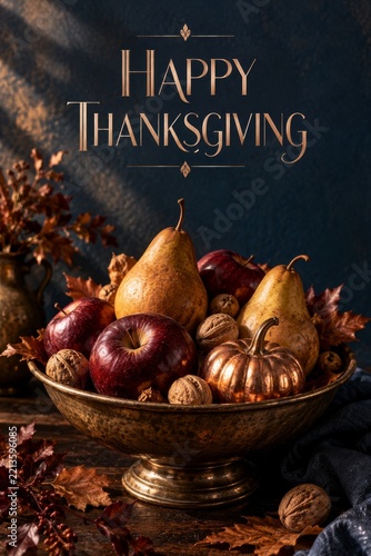 Happy Thanksgiving With Fruits, Nuts, and Decorative Elements on a Table