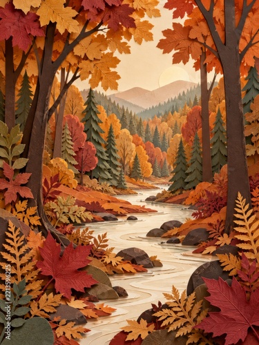 Colorful Autumn Forest With River and Mountains in Background