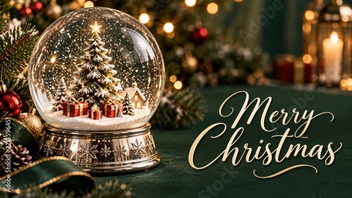 Snow Globe With Christmas Tree and Gifts on Green Table