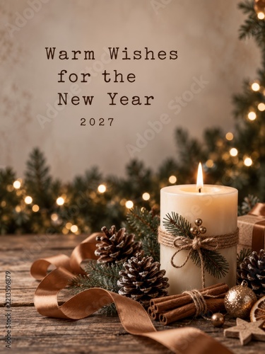 Warm Wishes for the New Year With a Candle and Decorations