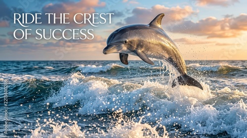 Dolphin leaping from ocean waves at sunset, symbolizing success and freedom